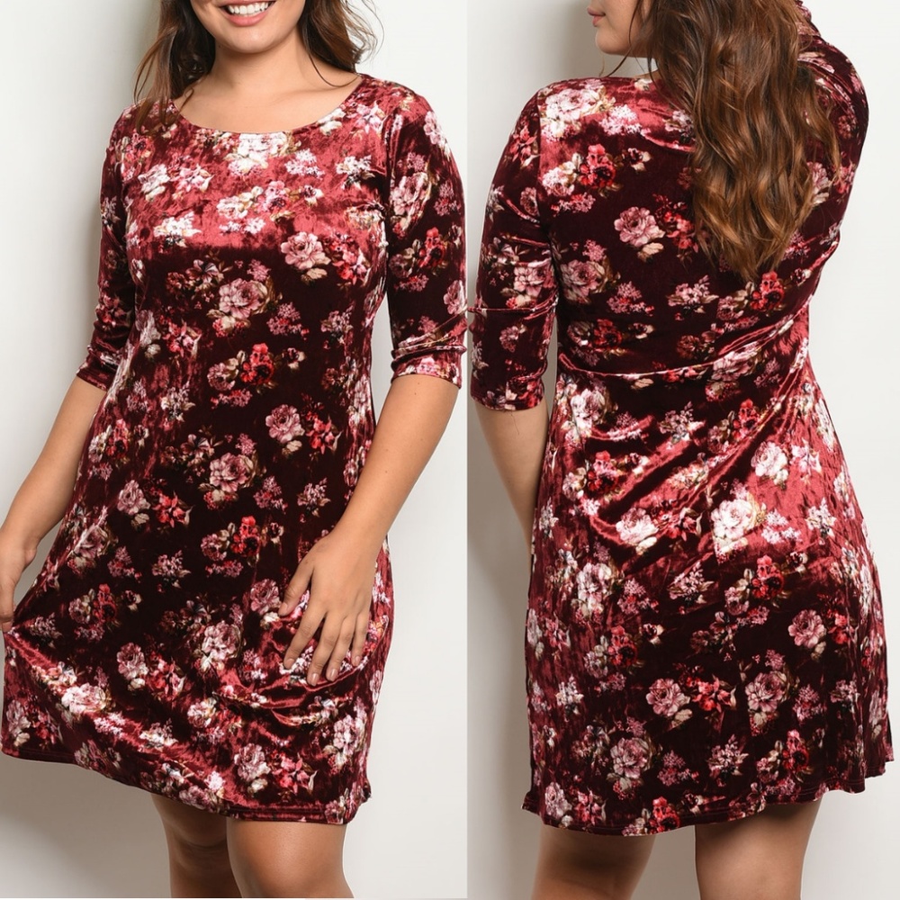 Burgundy Velvet Floral Dress {Made In USA}